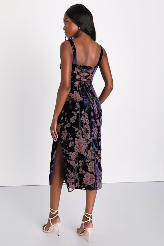 Romantic Stunner Navy Blue Floral Burnout Velvet Lace-Up Dress