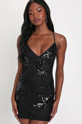 Valhalla Black Mesh Sequin Lace-Up Mini Dress