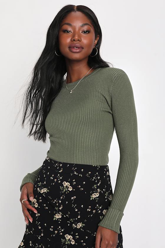 Karlee Olive Green Ribbed Knit Long Sleeve Sweater Top