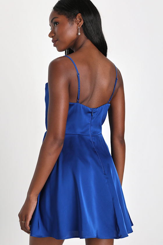 Fanciful Flirt Royal Blue Satin Cowl Neck Skater Mini Dress
