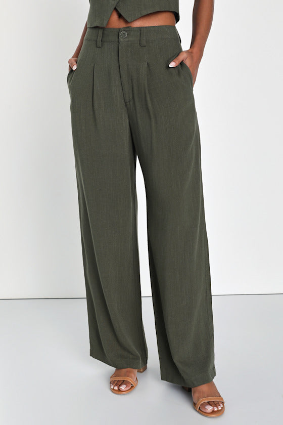 Suits You Perfectly Olive Green Linen Wide-Leg Pants
