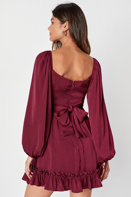 Vision of Charm Plum Purple Satin Long Sleeve Skater Mini Dress