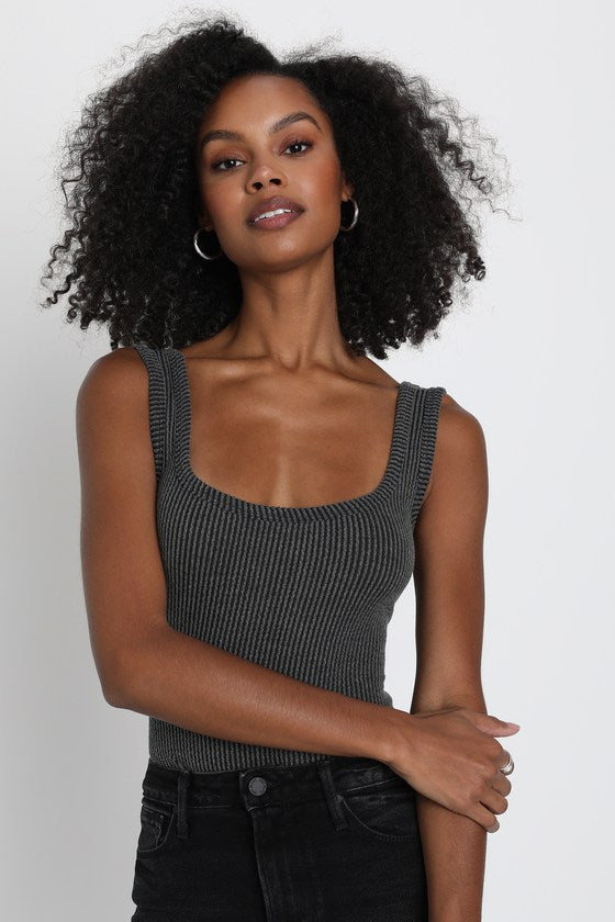 Leisure Life Charcoal Grey Ribbed Square-Neck Tank Top