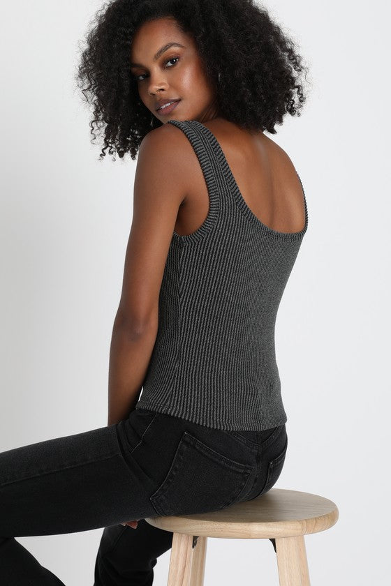 Leisure Life Charcoal Grey Ribbed Square-Neck Tank Top