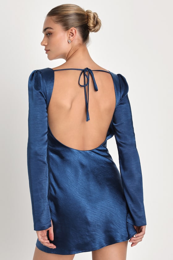Adoring Charm Dark Blue Satin Long Sleeve Backless Mini Dress