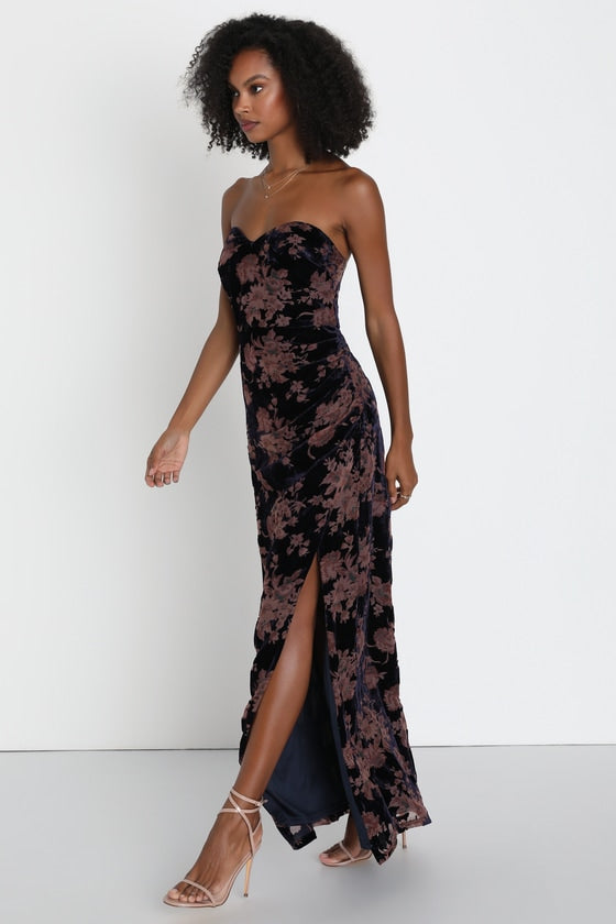 Exquisite Navy Blue Floral Burnout Velvet Strapless Maxi Dress