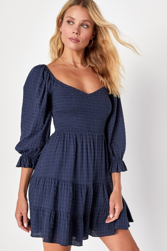 Charming Afternoon Navy Blue Gingham Balloon Sleeve Mini Dress