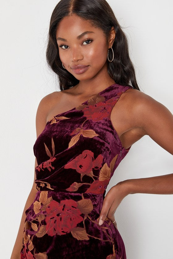 Unreal Awe Burgundy Floral Burnout Velvet One-Shoulder Dress