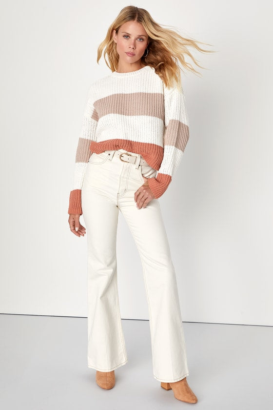 Moments of Cozy Ivory Multi Striped Crew Neck Pullover Sweater