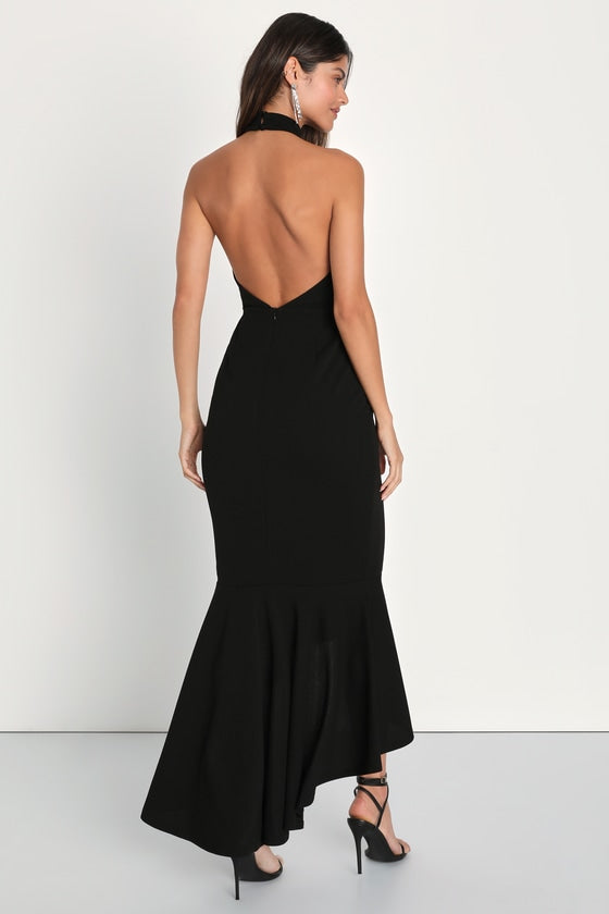 Elegant Grace Black Tiered Halter High-Low Maxi Dress