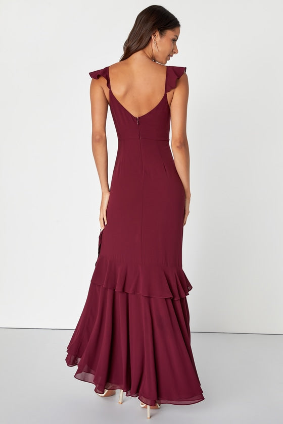 Charming Event Burgundy Asymmetrical Ruffled Maxi Dress