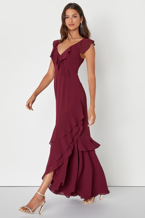 Charming Event Burgundy Asymmetrical Ruffled Maxi Dress