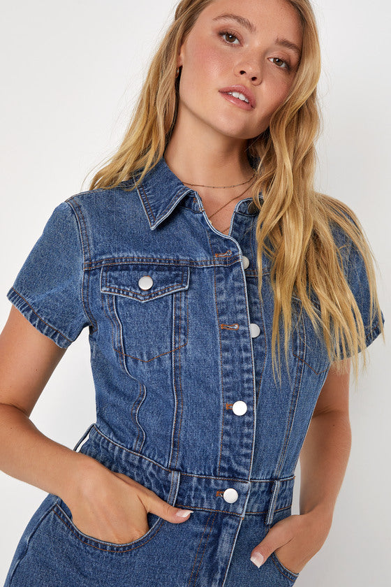 Ready to Charm Medium Wash Short Sleeve Denim Mini Dress