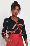 Camrose Black Geometric Print Button-Up Long Sleeve Top