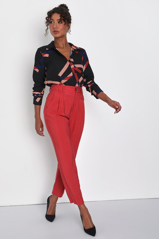 Camrose Black Geometric Print Button-Up Long Sleeve Top