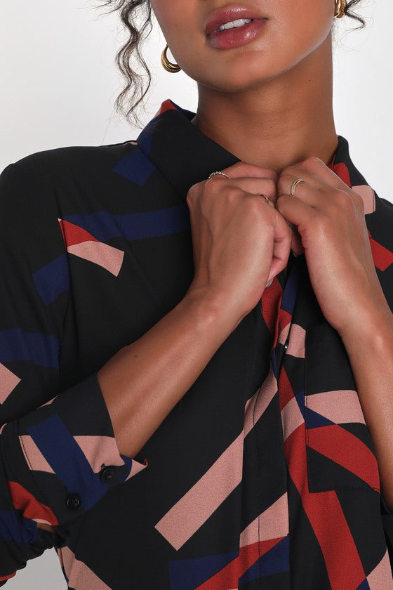 Camrose Black Geometric Print Button-Up Long Sleeve Top