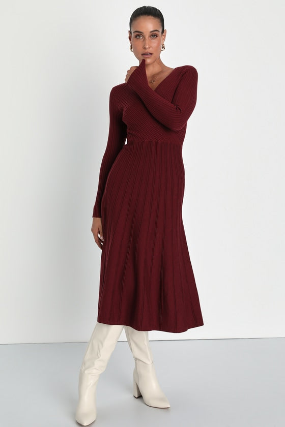 Cozy Inspiration Burgundy Ribbed Skater Midi Sweater Dress