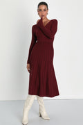 Cozy Inspiration Burgundy Ribbed Skater Midi Sweater Dress