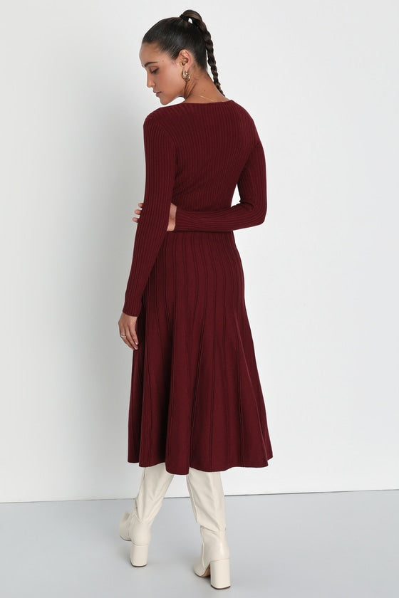 Cozy Inspiration Burgundy Ribbed Skater Midi Sweater Dress