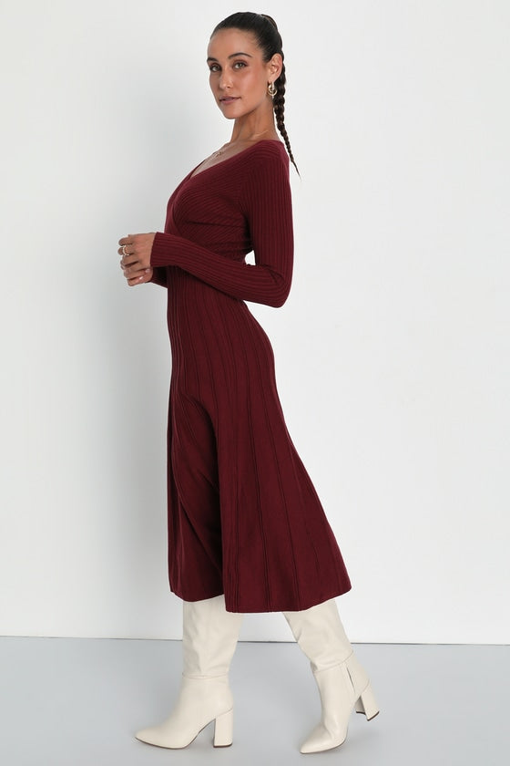 Cozy Inspiration Burgundy Ribbed Skater Midi Sweater Dress