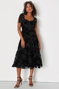 Sweet Essence Black Floral Burnout Velvet Tie-Strap Midi Dress