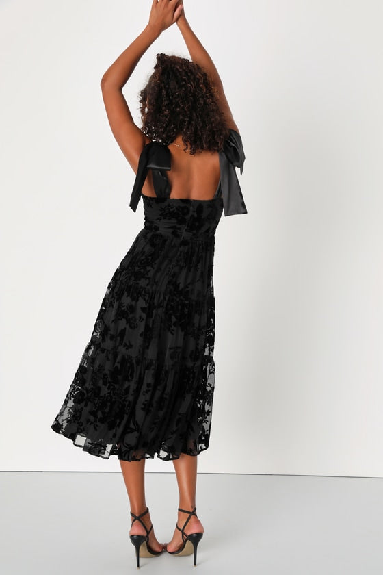 Sweet Essence Black Floral Burnout Velvet Tie-Strap Midi Dress