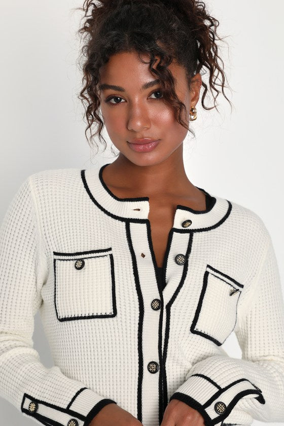 Impressively Iconic Ivory Waffle Knit Contrast Cardigan