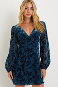 Stunning Stance Teal Blue Velvet Floral Long Sleeve Mini Dress