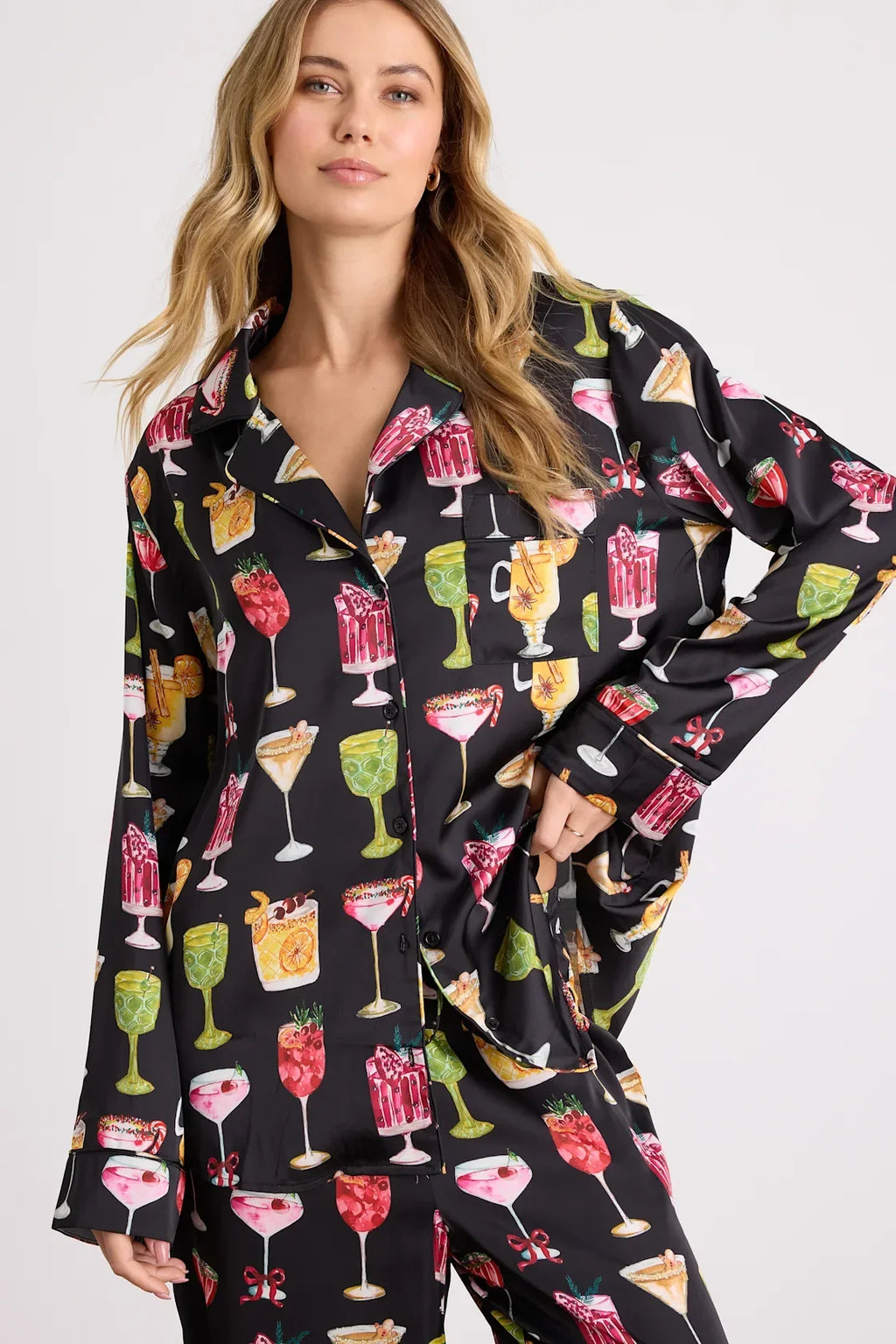 Classic White Multi Jolly Stripes Satin Two-Piece Pajama Set