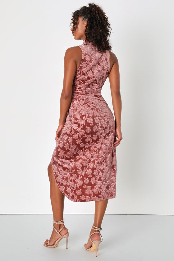 Dreamy Energy Mauve Velvet Floral Tie-Front Mock Neck Midi Dress