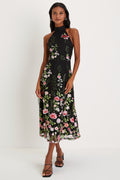 Blossoming Energy Black Floral Embroidered Halter Midi Dress