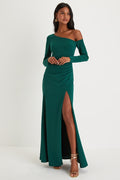 Elegant Sensation Emerald Green Asymmetrical Pleated Maxi Dress