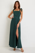 Made to Be Adored Hunter Green Satin Tie-Strap Maxi Dress