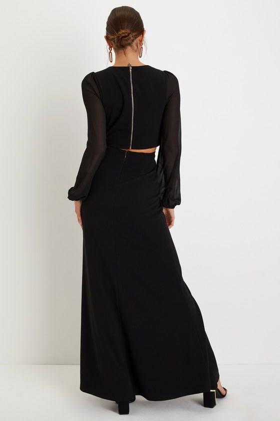 Garden Bliss Black Cutout Long Sleeve Mermaid Maxi Dress