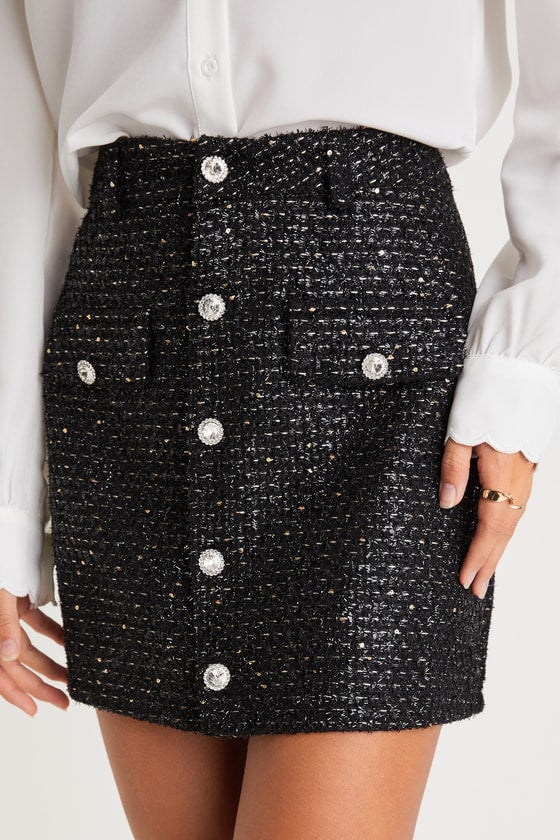 Posh Reputation Black Tweed Rhinestone Button-Front Mini Skirt