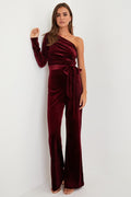 Extraordinary Vibe Burgundy Velvet One-Shoulder Jumpsuit