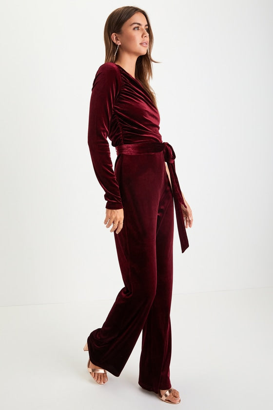 Extraordinary Vibe Burgundy Velvet One-Shoulder Jumpsuit
