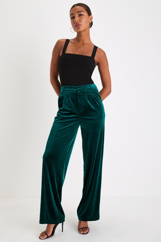 Posh Idea Emerald Velvet High-Rise Straight Leg Trouser Pants