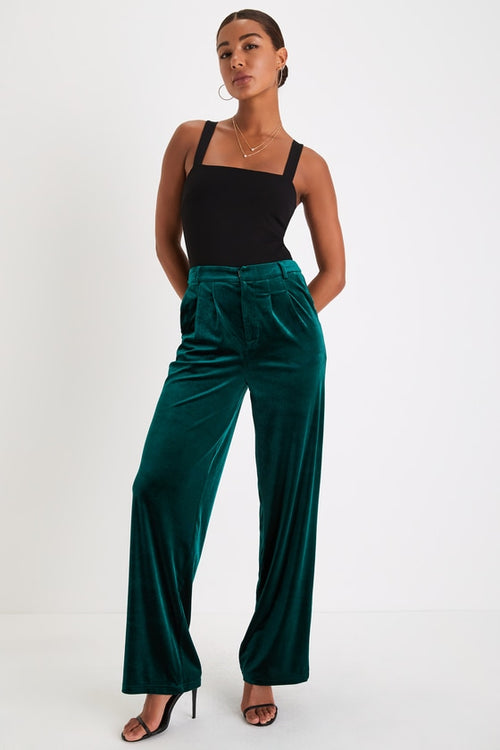 Posh Idea Emerald Velvet High-Rise Straight Leg Trouser Pants