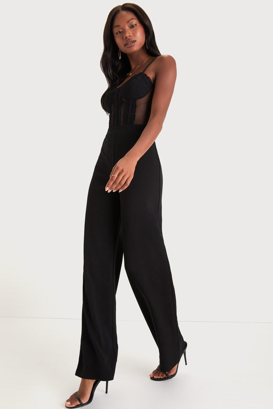 Perfectly Sultry Black Sheer Mesh Bustier Wide-Leg Jumpsuit