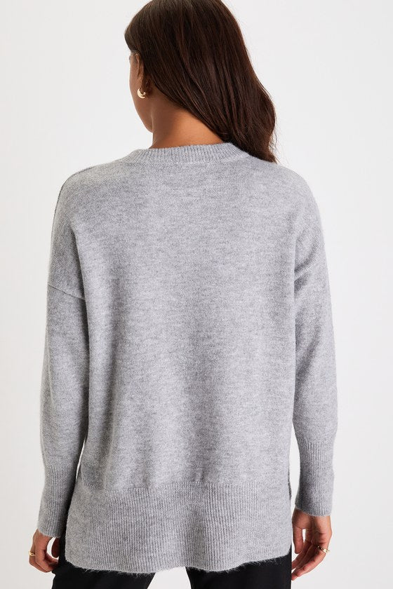 Autumn Allure Heather Grey Crew Neck Oversized Pullover Sweater