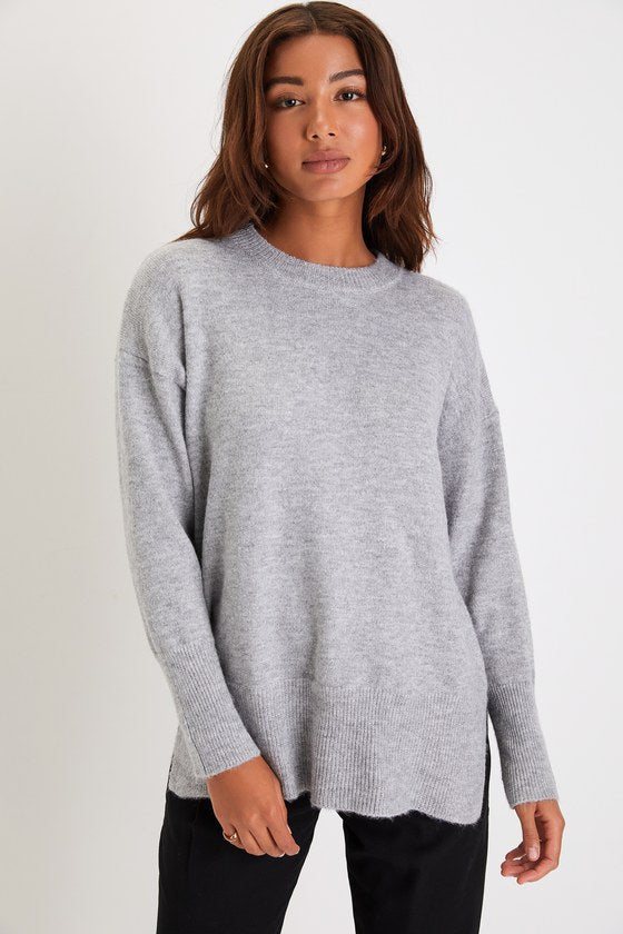 Autumn Allure Heather Grey Crew Neck Oversized Pullover Sweater