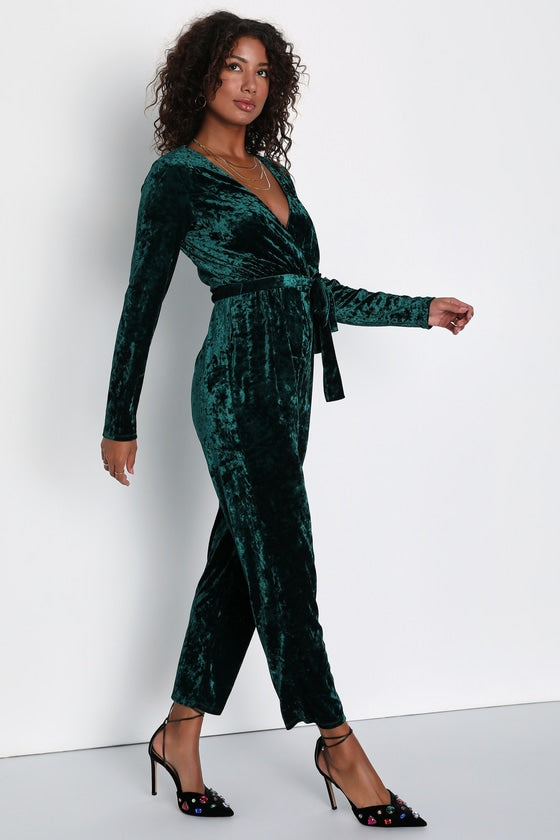 Flawless Icon Emerald Crushed Velvet Straight Leg Jumpsuit