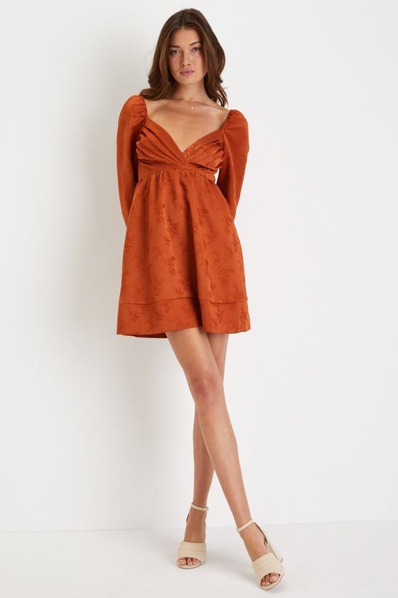 Exceptional Design Rust Orange Pleated Tie-Back Mini Dress