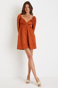 Exceptional Design Rust Orange Pleated Tie-Back Mini Dress