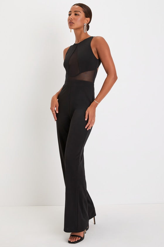Alluring Perfection Black Mesh Cutout Backless Jumpsuit