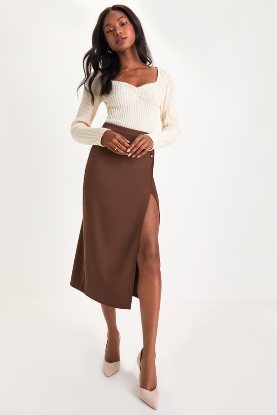 Perfect Sophistication Brown Twill Button Wrap Midi Skirt