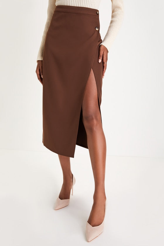 Perfect Sophistication Brown Twill Button Wrap Midi Skirt
