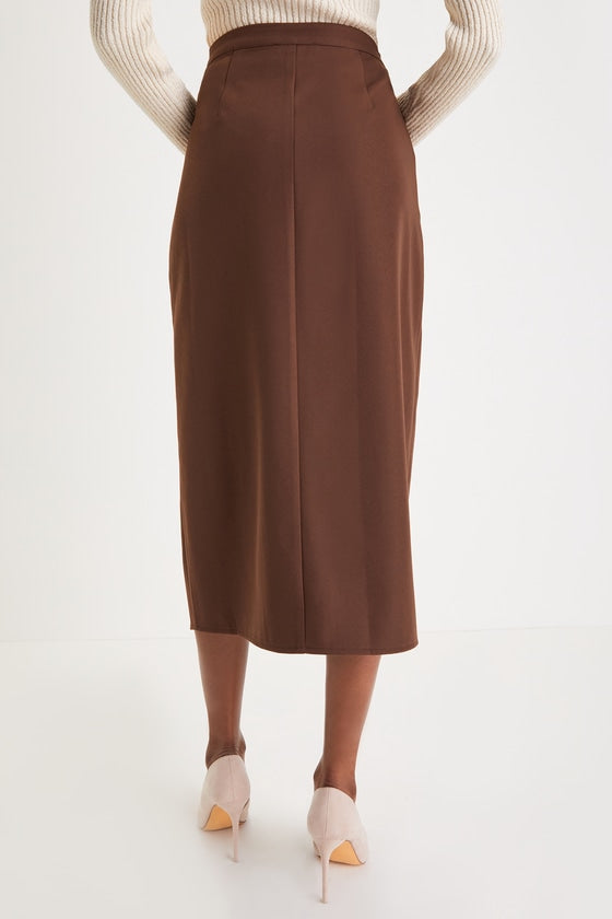 Perfect Sophistication Brown Twill Button Wrap Midi Skirt