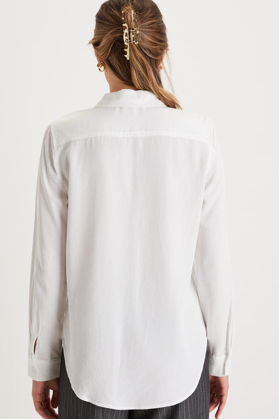 Elevated Aesthetic Ivory Collared Long Sleeve Button-Up Top